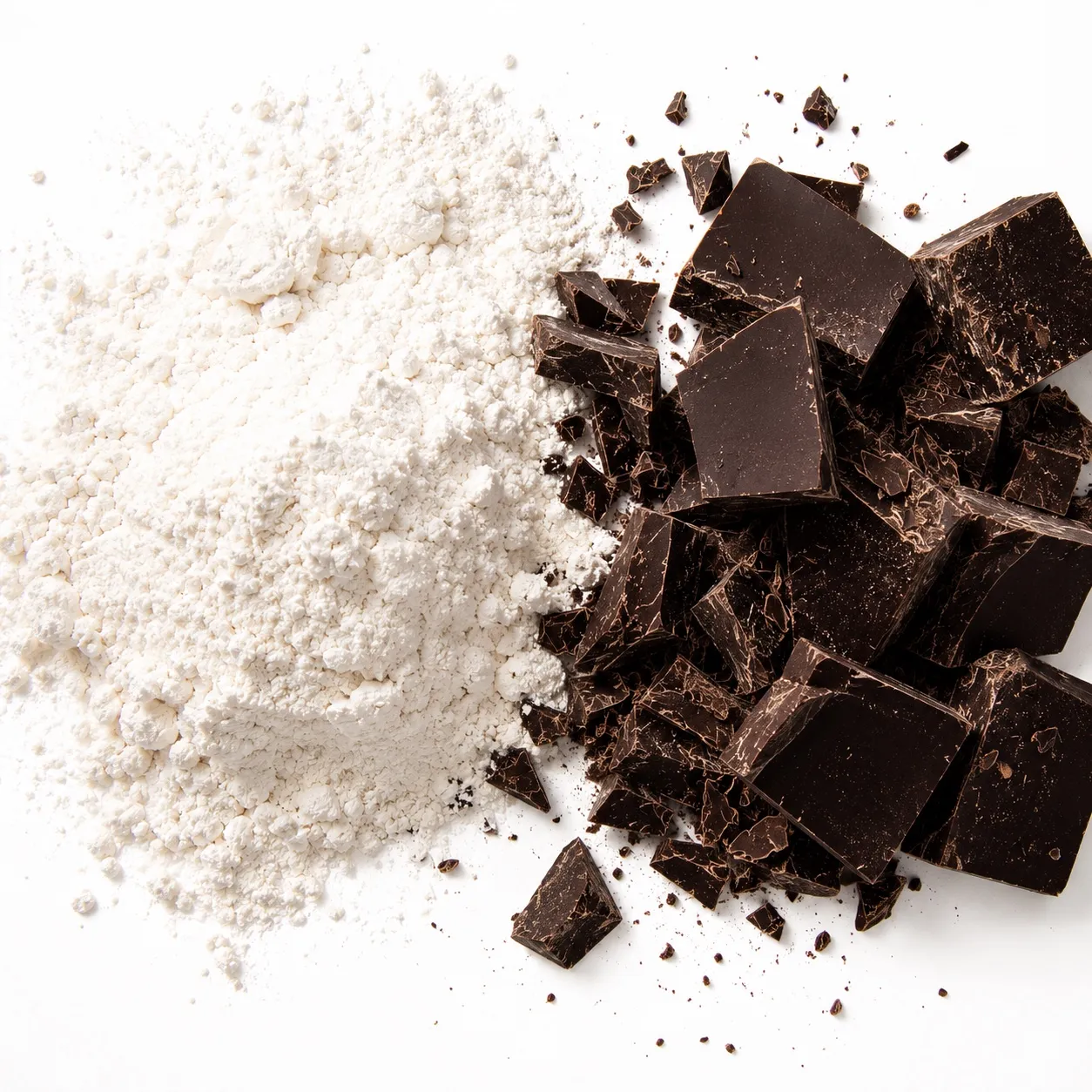 Farine et éclats de chocolat noir vus de dessus, sur fond blanc
