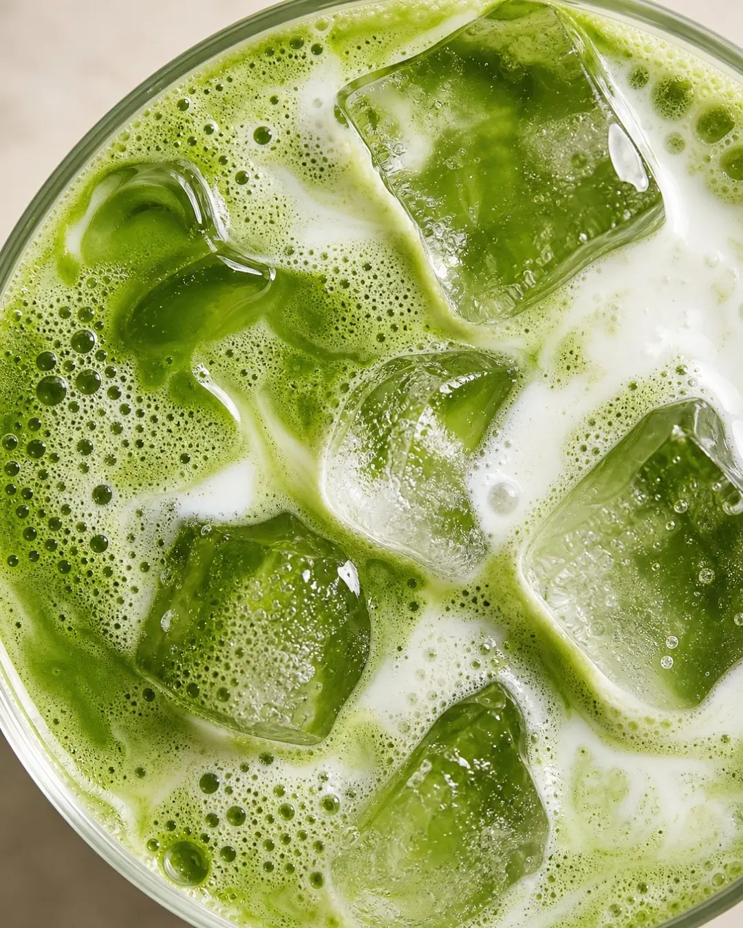 Vue du dessus d’un matcha latte glacé, glaçons et lait dans la mousse verte